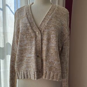 LOFT Marled Beige Button-Front V-Neck Cardigan
